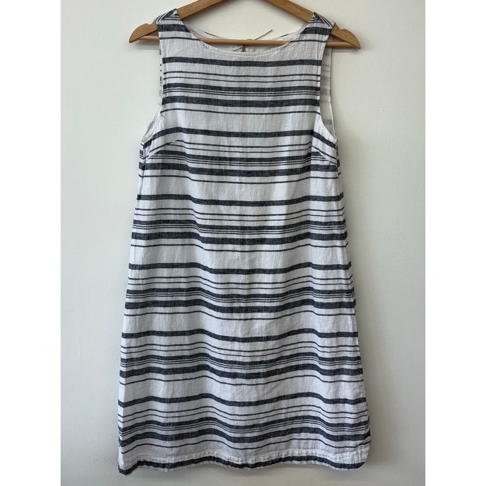 Linen Cotton Striped Dress Size S Navy White Sleeveless A-Line Keyhole Back